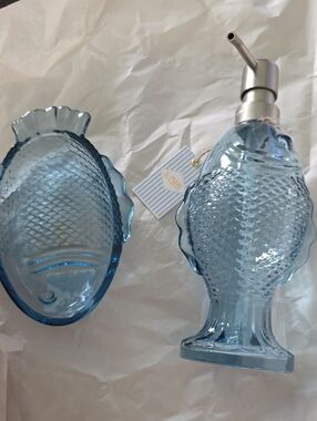 Blue Fish Glass Soap Dispenser &Blue Fish DISH  Set * NEW*